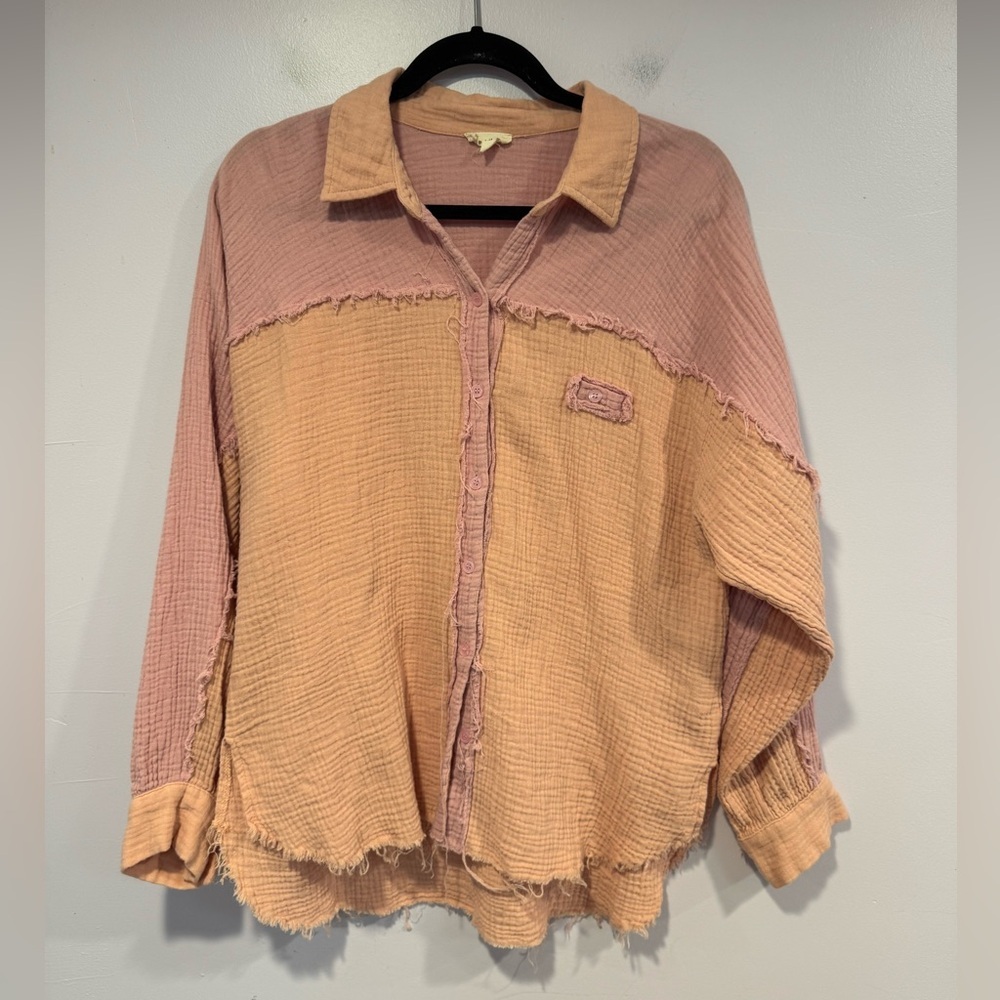 Hem & Thread pink‎ and orange gauze linen button down shirt